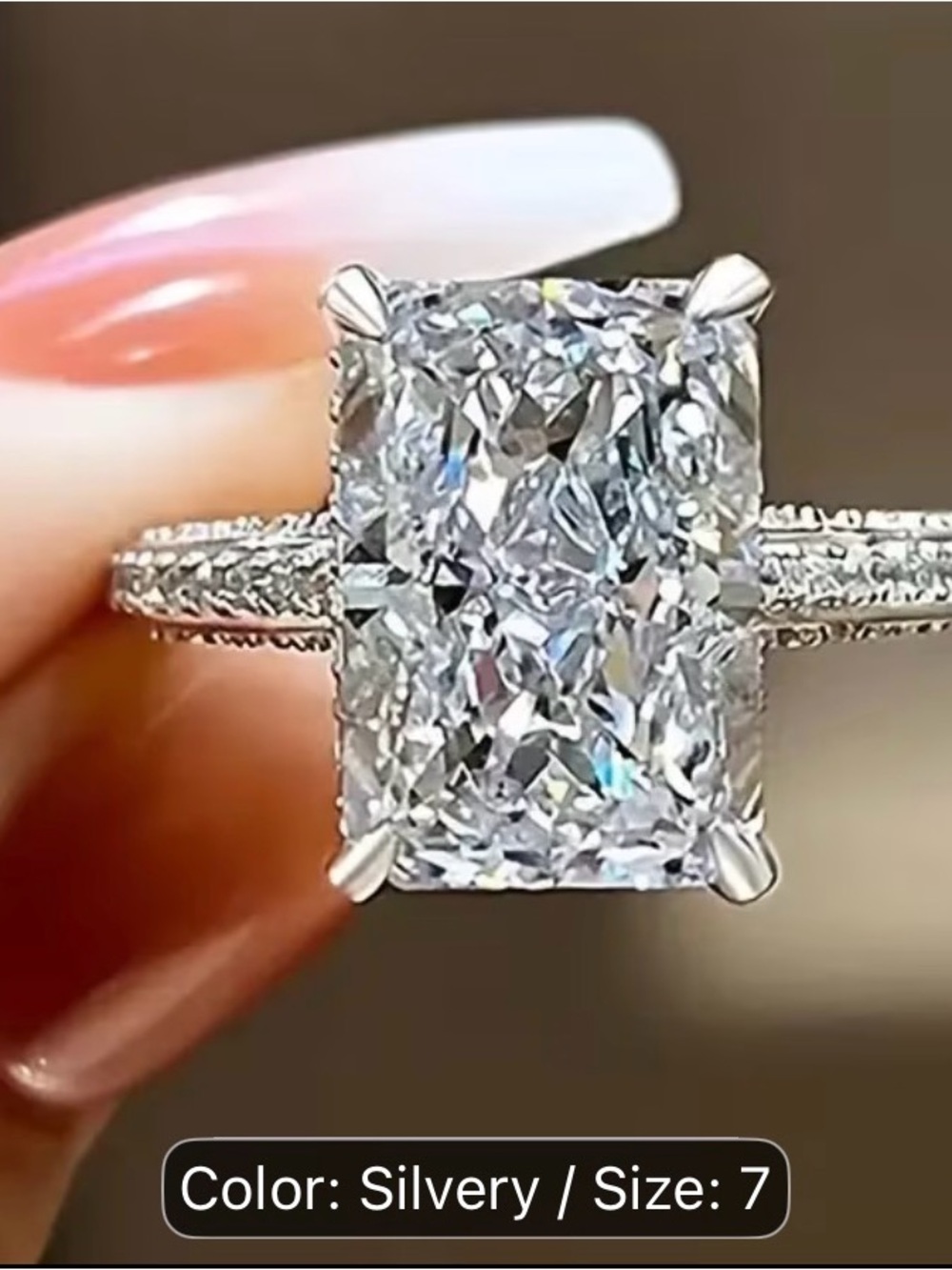 Sterling Silver Cushion Cut Solitaire Ring with Pavé Band - Silvery sz 7